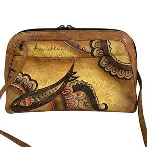 Anuschka Hand-Painted Multi Divider Leather Shoulder Bag Floral Paisley Design